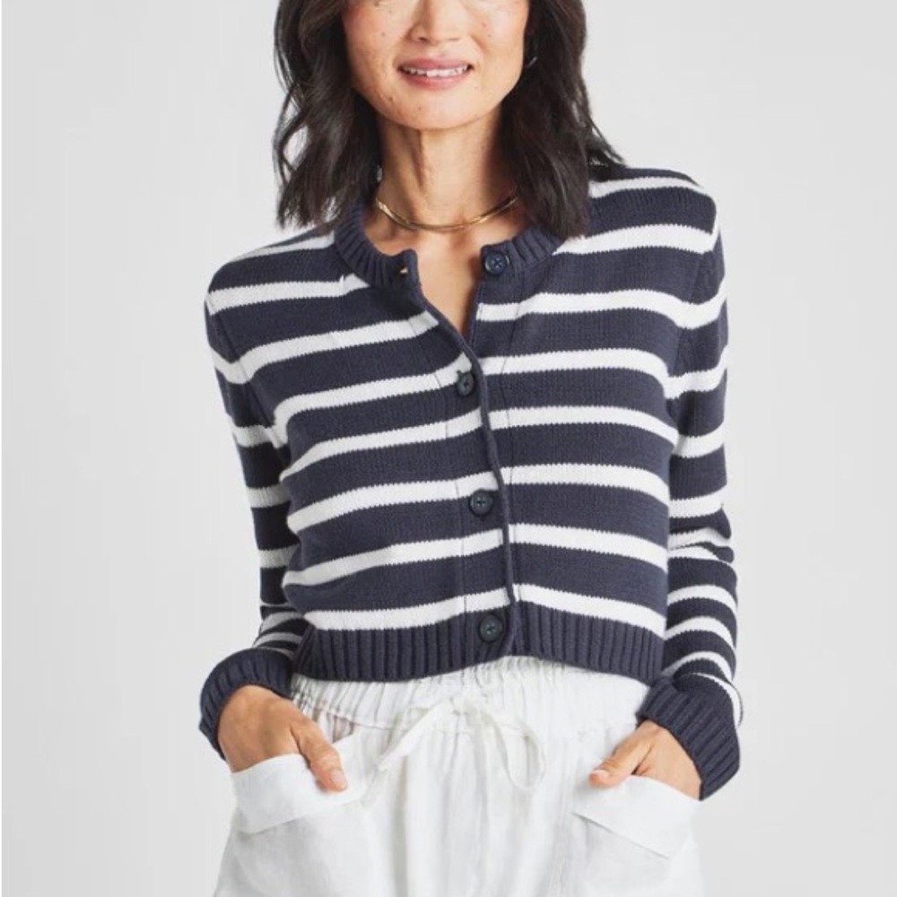 Rowena Cropped Cardigan (Navy/White Stripe)